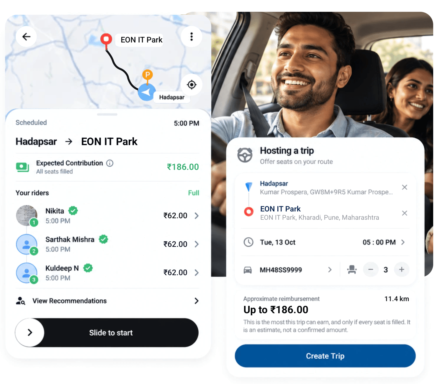 Driver hosting a carpool from Hadapsar to EON IT Park, with the Zooper app's scheduled trip and Hosting a trip screens