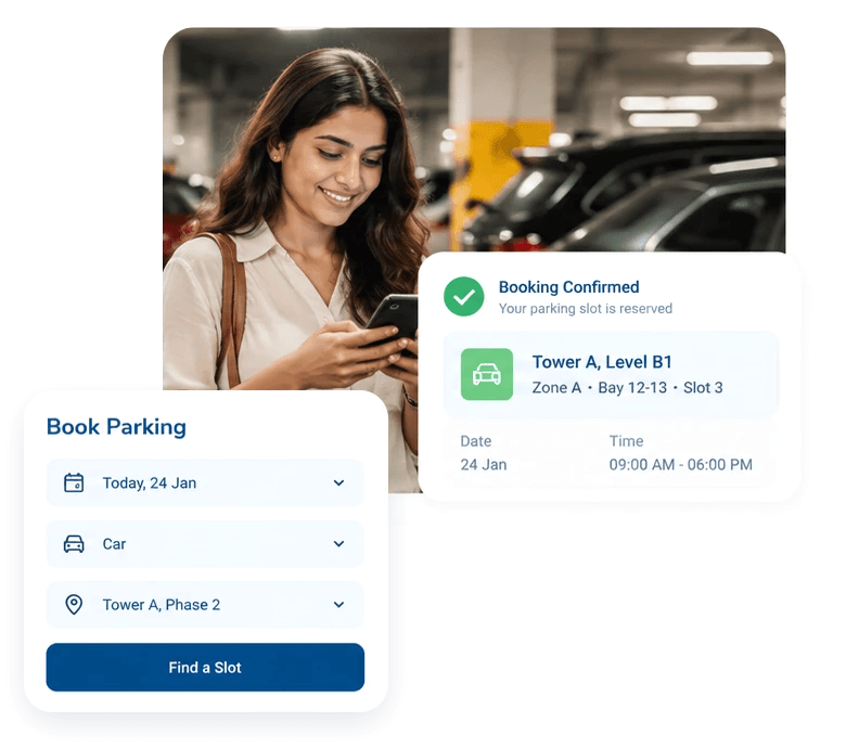 Employee booking a workplace parking slot, with the Zooper Book Parking and Booking Confirmed screens
