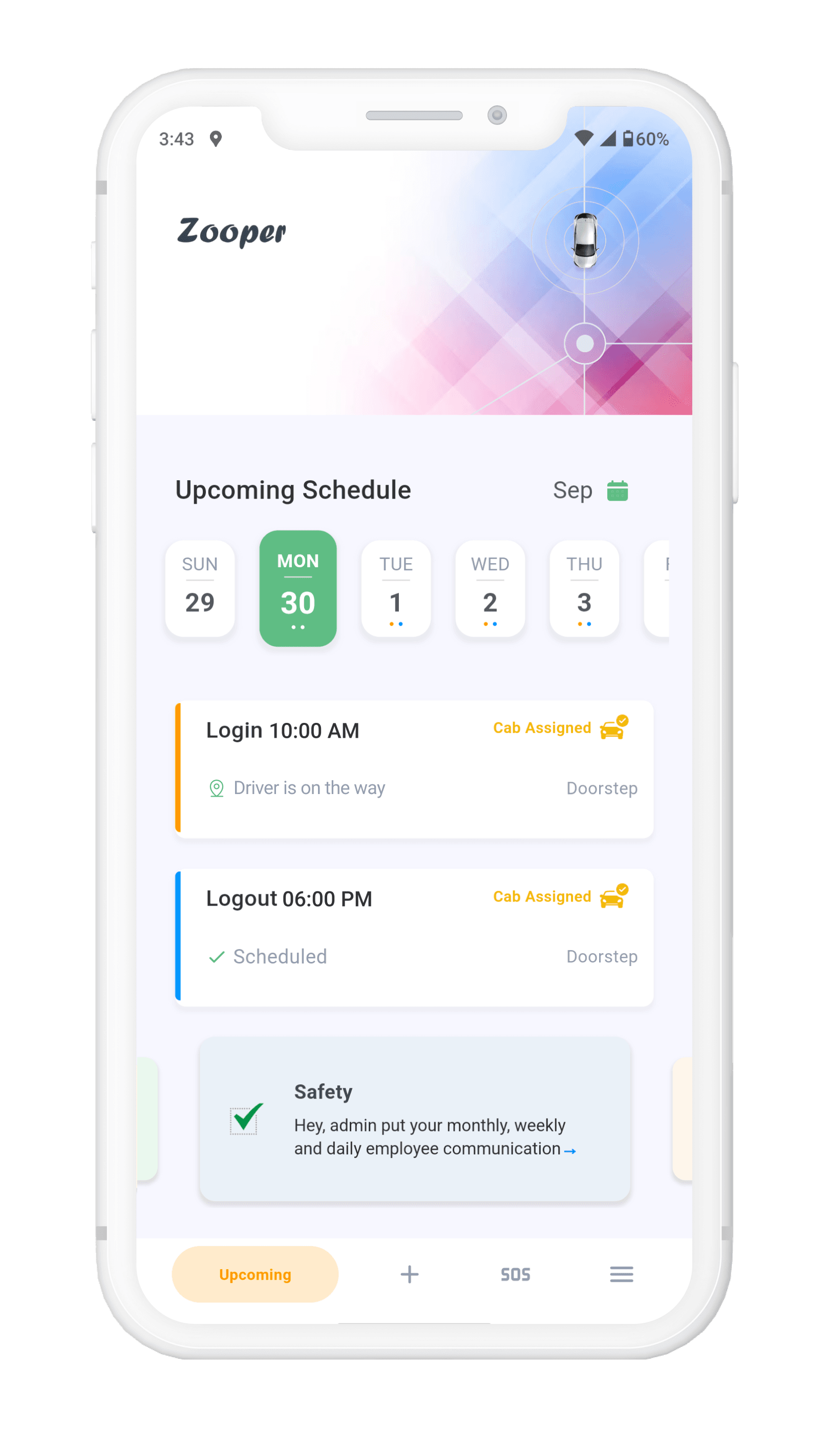 Zooper employee app home screen showing the upcoming schedule