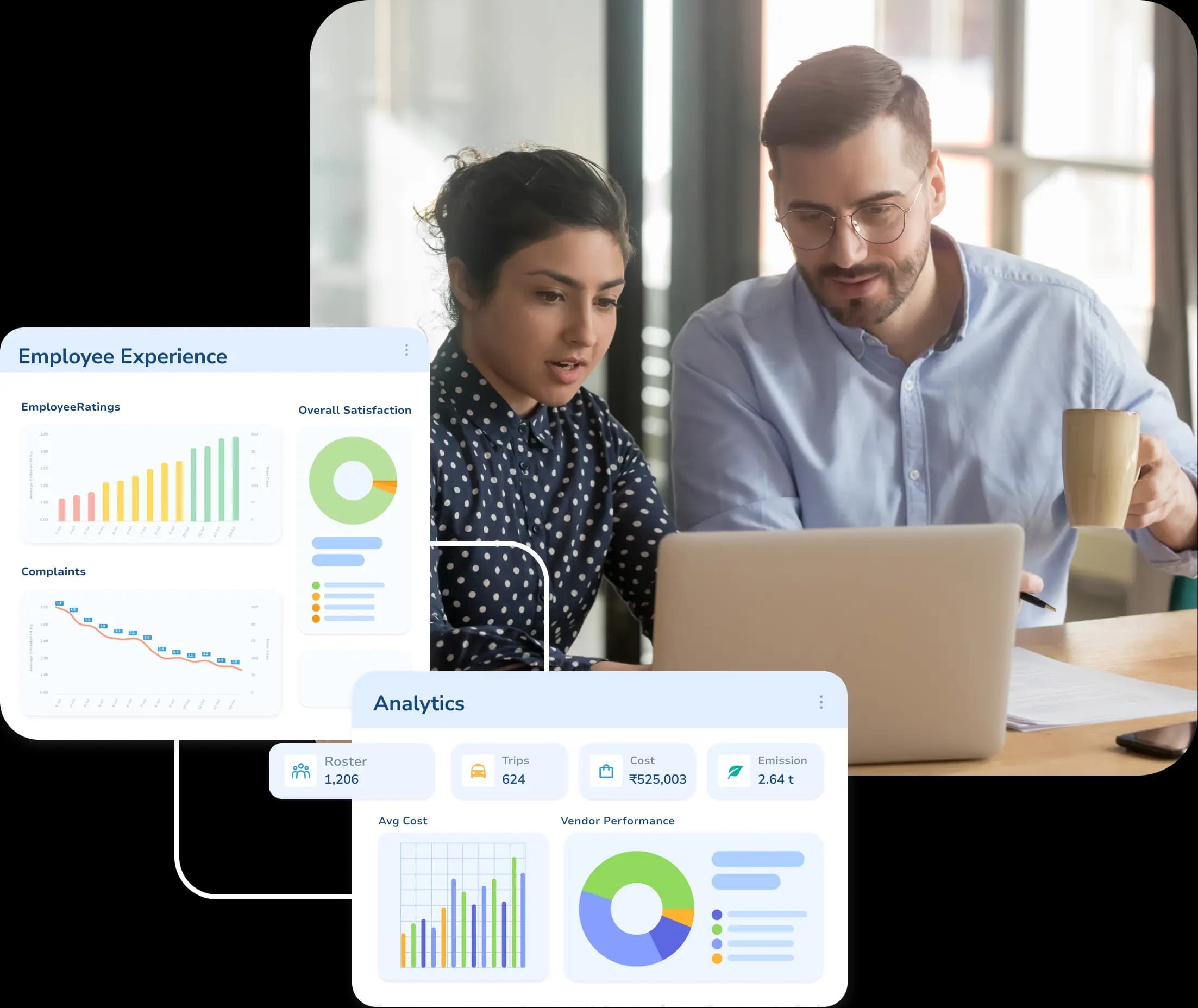 Leaders reviewing reports, with Zooper employee experience analytics