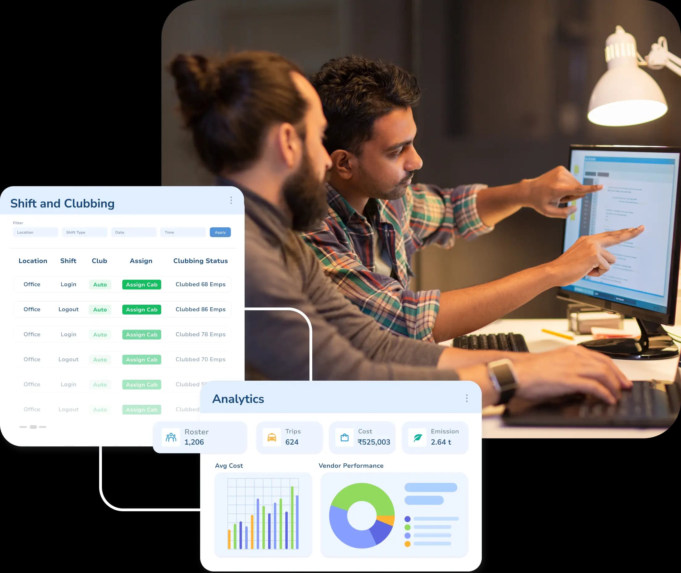 Transport team reviewing operations on a screen, with Zooper dashboard panels