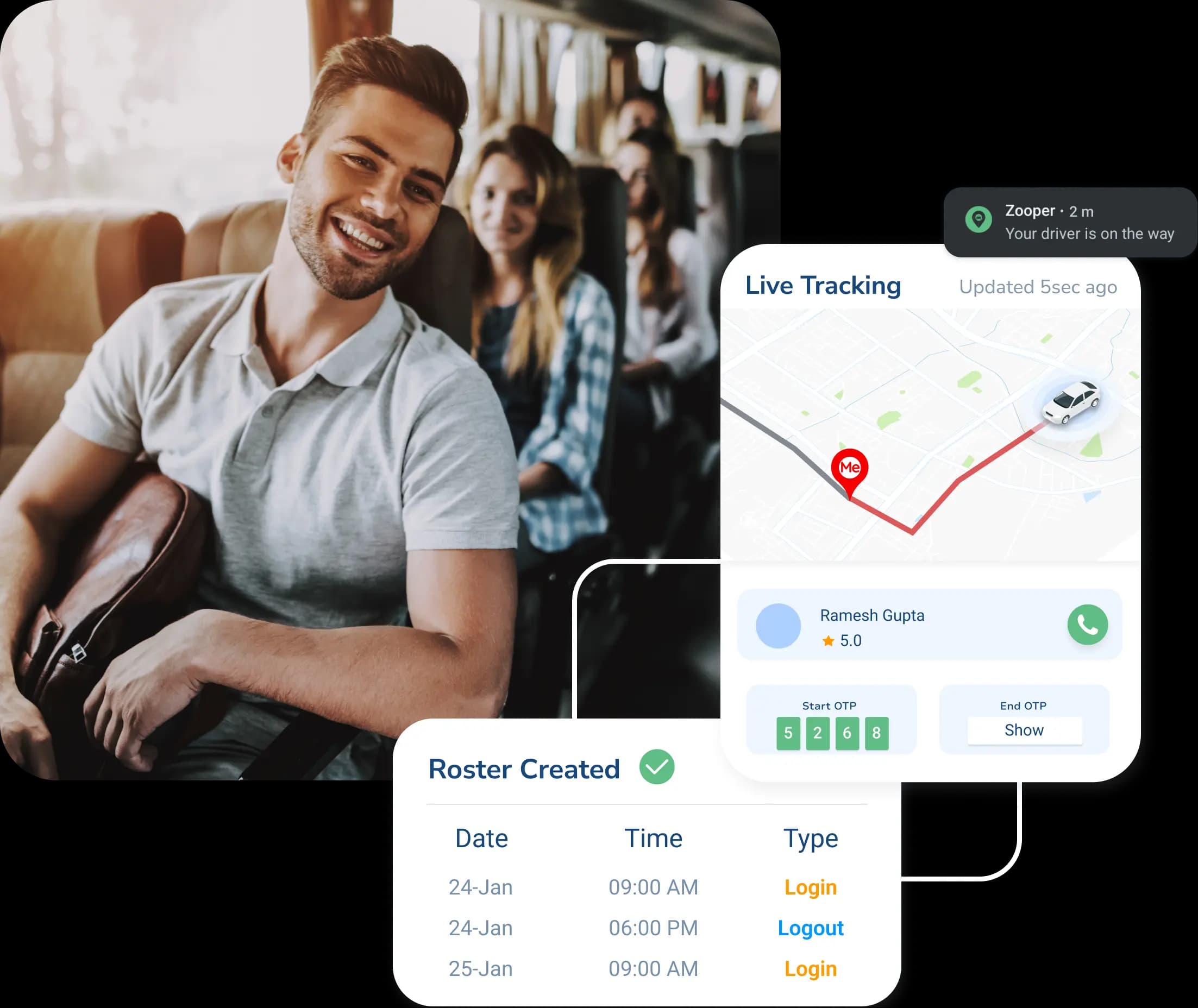 Employees riding a shared shuttle, with the Zooper app's live tracking and roster screens