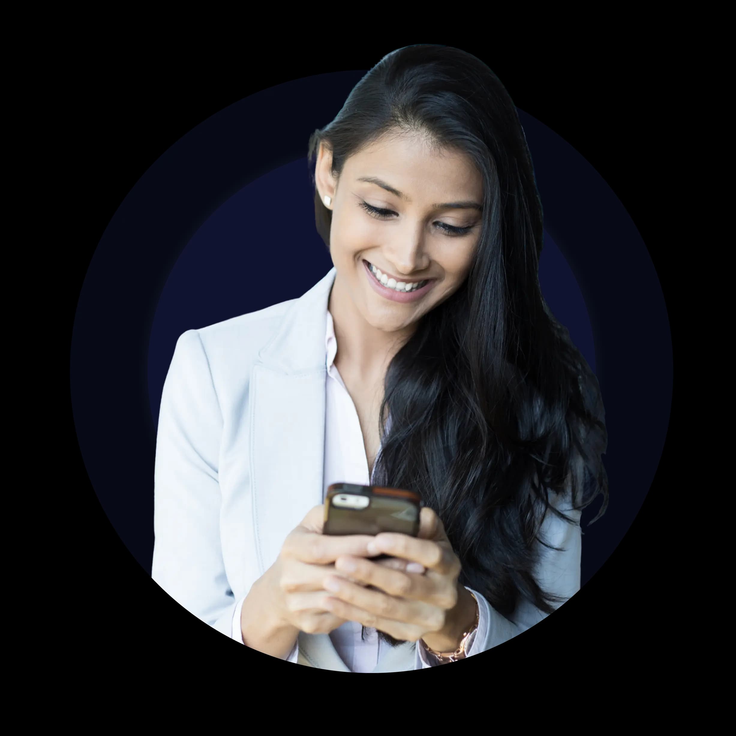Smiling professional checking her commute on a phone