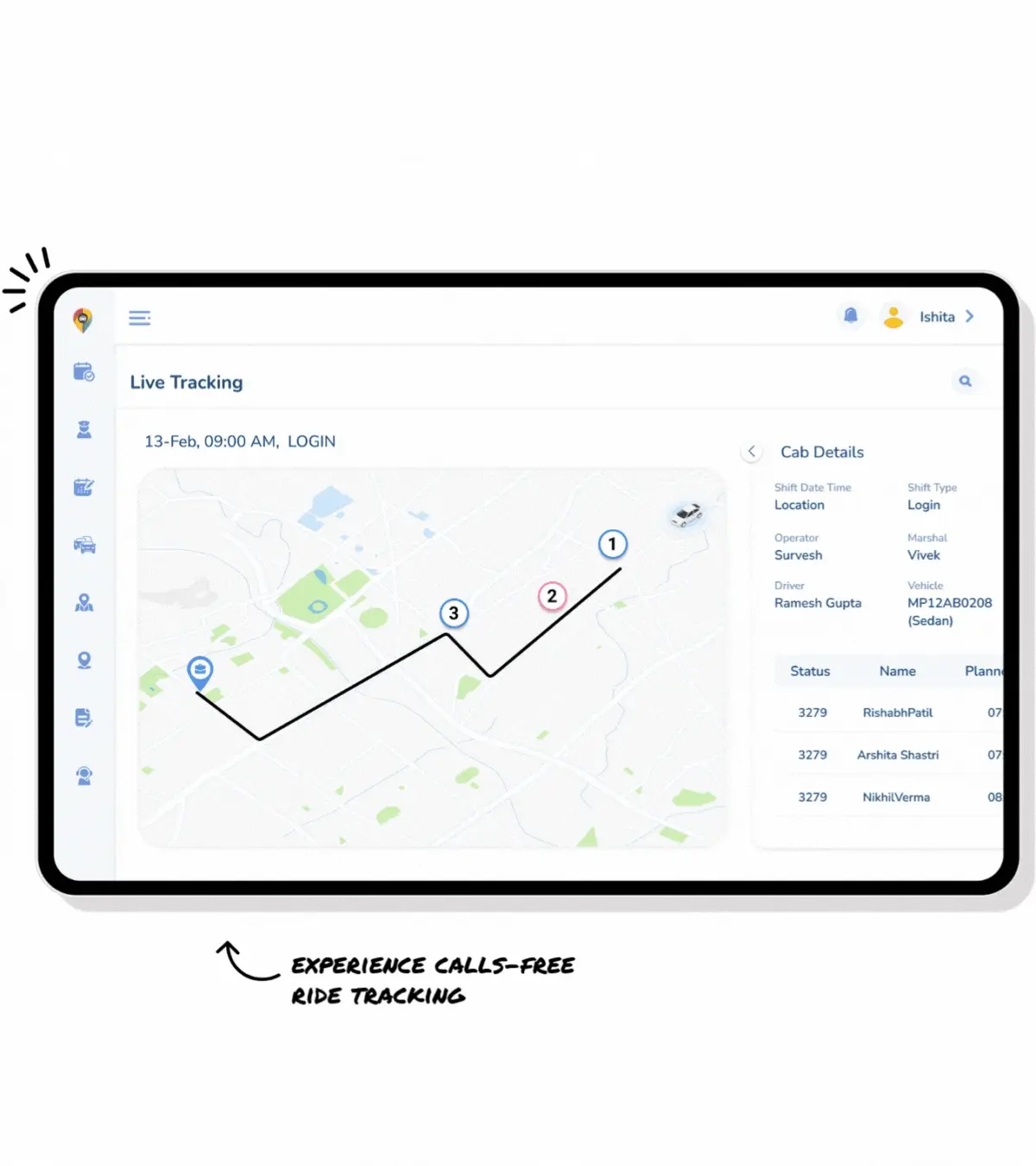 Zooper live tracking: a cab's route and ETA on the employee app and dashboard